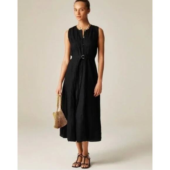 J Crew Seam Linen Dress XS Black NWT Belt Midi CA671 J.Crew Prep Money Resort - Picture 1 of 4